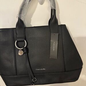 Tahari Ring Ding Satchel Bag Black Pebbled Faux Leather NWT Handbag Purse